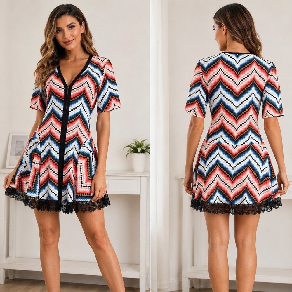 Kenzo Paris Fit Flare Dress Medium Multicolor Zig Zag Lace Retro Geometric